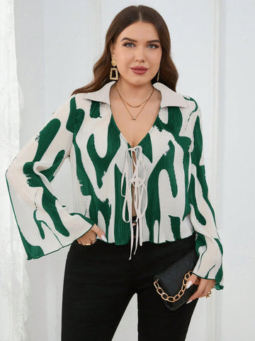 Plus Size Spring/Summer Elegant Pleated Front Tie Blouse With Random Print And Bell Sleeves