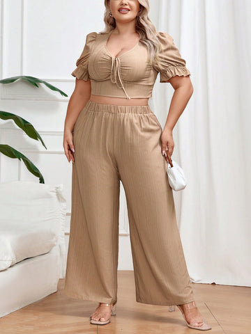 Summer Elegant And Romantic Light Khaki Vertical Striped Textured V-Neck Short Top With Drawstring And Bow Detail At Front + Elastic Waistband Long Straight Wide Leg Pants, Plus Size 2-Piece Set, Suitable For Travel, Shopping And Daily Wear