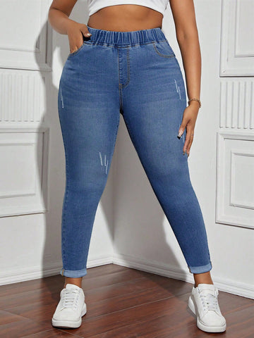 Plus Size Elastic Waist Slim Fit Jeans, Versatile Style