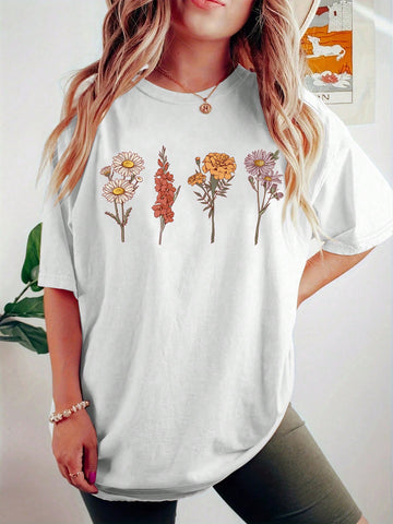 Plus Size Women's Summer Floral Printed Round Neck Short Sleeve Tee For Casual Wear