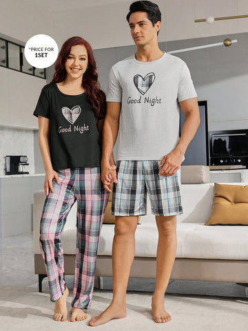 Men's Homewear Set Including Letter Printed Sleepwear And Checked Sleeping Pants