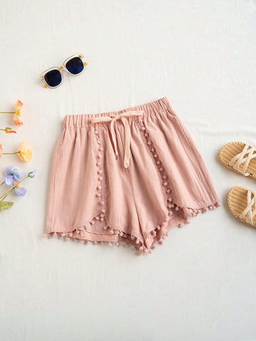 Solid Color Pom Pom Decoration Casual Shorts For Summer