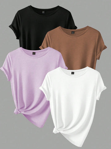 Plus Size Summer Casual Solid Color Simple Short Sleeve Basic T-Shirt
