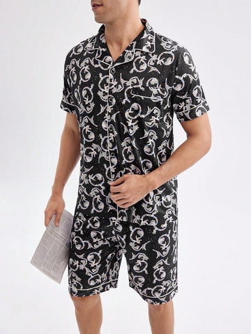 Men Short-Sleeved Shirt And Shorts Set With All-Over Prints, Color-Block Hem And Lapel Collar, Perfect For Summer Casual Home Wear