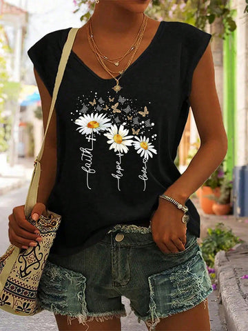 Summer Casual Floral Print V-Neck T-Shirt