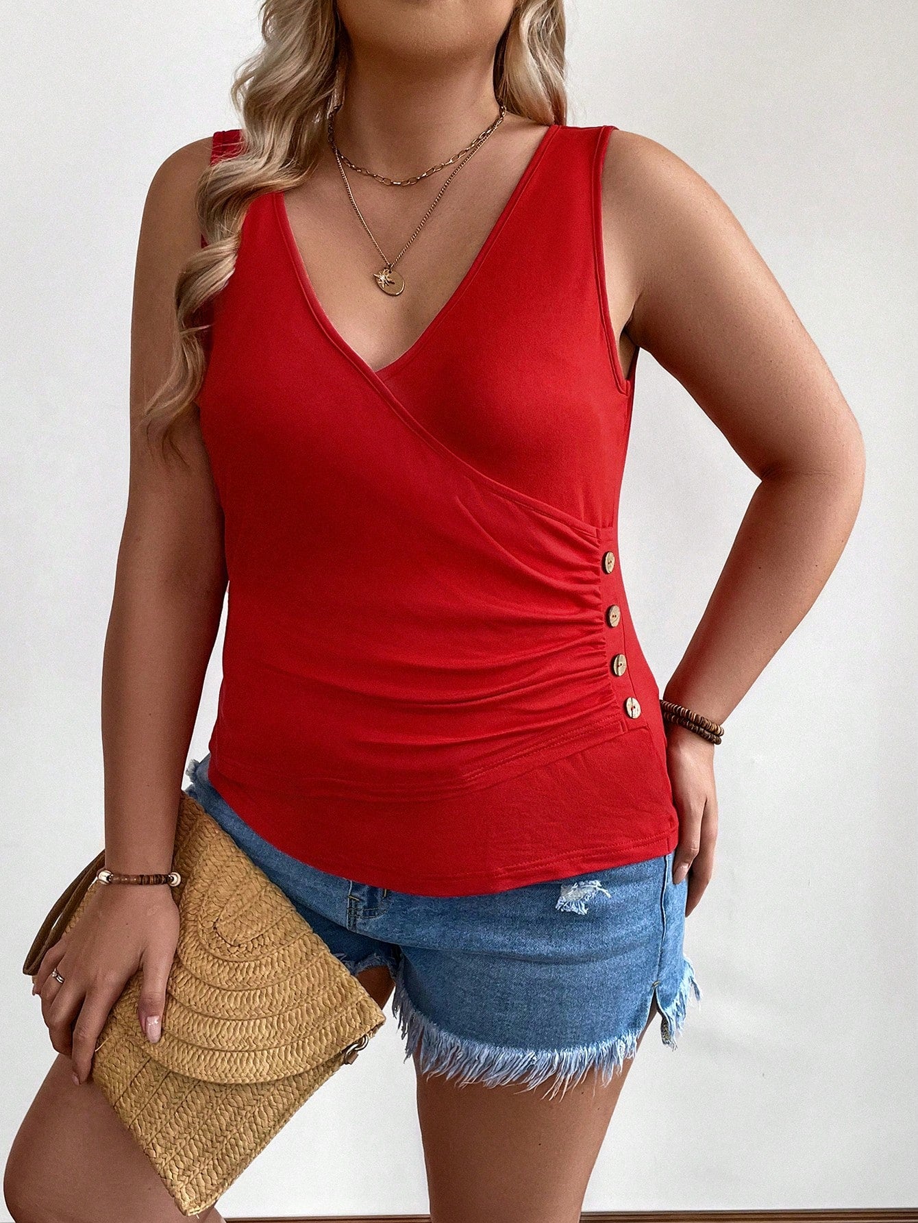 Plus Size Women's Summer Overlap V-Neck Pleated Casual Tank Top