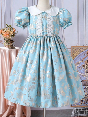 Tween Girls' Faux Pearl Floral Print A-Line Princess Dress, Suitable For Birthday Party, Summer