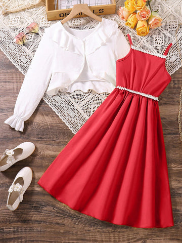 Teen Girls\" Elegant Two-Piece Set Of Waist-Trained Dress And Lotus Leaf Collar Outer Garment