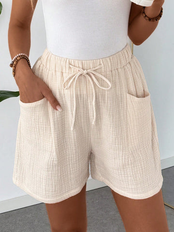 Women Cotton Shorts With Comfortable And Breathable Texture, Ruched Design, Suitable For Casual Life, Vacation And Simple And Practical Basics, Elastic Waistband And Double Pockets.