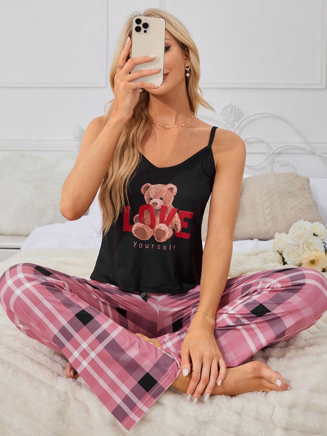 Summer Little Bear Printed Camisole Top And Gingham Printed Shorts Pajamas Set