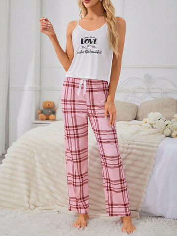 Women's Summer Love Printed Tank Top & Sleeveless Vest & Gingham Pants Pajama Set