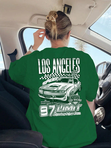 Women's Oversized Car And Letter Printed Drop Shoulder T-Shirt For Summer