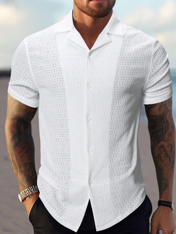Men White Hollow Out Turn-Down Collar Short Sleeve Shirt