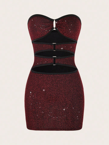 Women's Summer Hollow Out Sparkly Strapless Bodycon Dress, Perfect For Parties And Gatherings