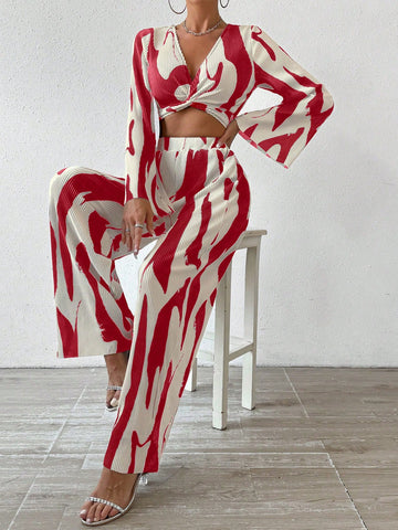 Random Printed Twist Front Short Sleeve Crop Top And Long Pants Two-Piece Set, Spring/Summer