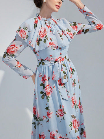Women's Spring/Summer Elegant Floral Print Stand Collar Long Sleeve Dress With Ruffle Hemline