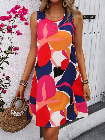 Women Fashionable Colorful Printed Strap Dress Summer