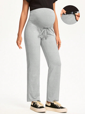 Women Fashion Maternity Knitted High Waist Drawstring Long Pants