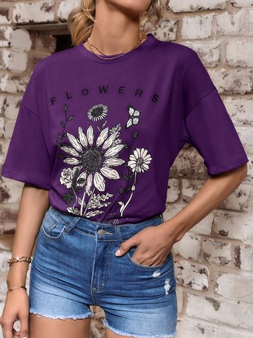 Women's Summer Casual T-Shirt With Letter And Floral Print, Round Neck And Drop Shoulder Design