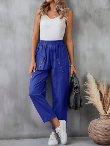 Spring/Summer Elastic Waist Button Detail Casual Tapered Pants