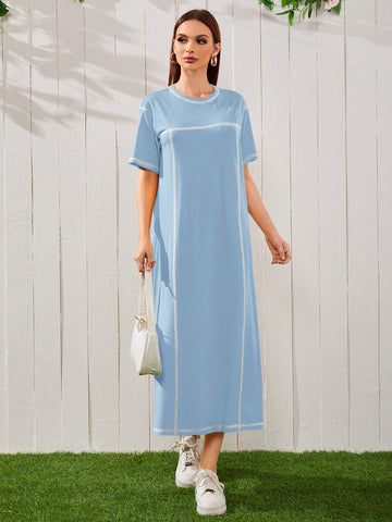 Color Block Long Dress With Exposed Stitching For Summer