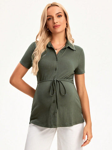 Maternity Short Sleeve Knit Shirt With Lapel Collar, Front Button Placket & Waist Tie