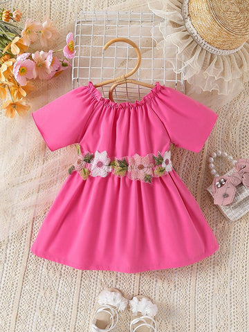 Baby Girls' Embroidery Applique Short Sleeve Dress For Summer