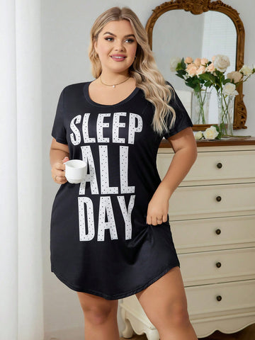 Plus Size Women's Summer Slogan Printed Round Neck Short Sleeve Sleep Dress