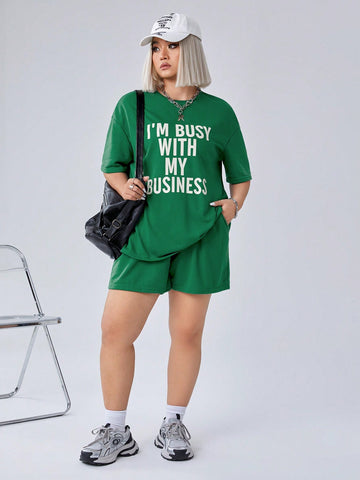 Plus Size Summer Fashionable Running Two Piece Set: Graphic Print Short Sleeve T-Shirt And Shorts
