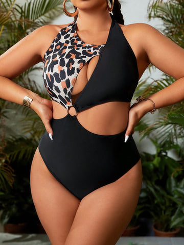 Fashionable Plus Size Women Leopard Hollow Out Design One-Piece Swimsuit
