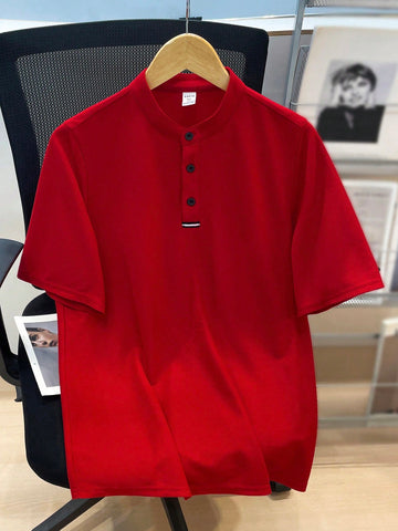 Teen Boys' Casual Short Sleeve Polo Shirt With Small Collar & Button Decoration, Red, Summer
