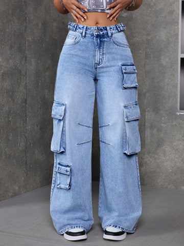 Fashionable Wide-Leg Denim Pants With Extra Loose Fit And Pockets
