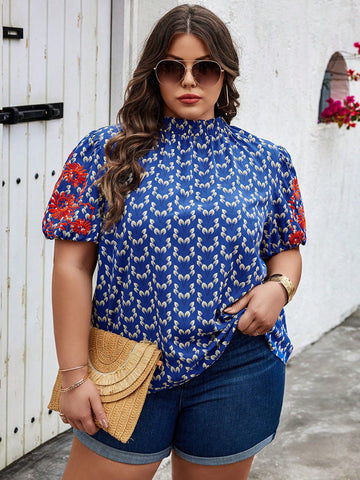 Plus Size Random Floral Printed Shirt With Flower Embroidery For Casual Summer Outing
