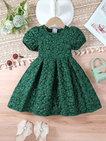 Young Girls' Elegant Square Neckline, Puff Sleeve, Waist Cinched, Pleated, And Jacquard Dress For Summer