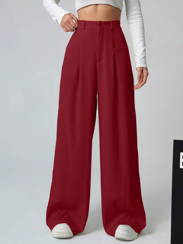 Women Solid Color Pleated Wide Leg Casual Loose Long Trousers