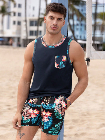Men's Sleeveless Tank Top And Shorts Set, Knitted, Summer Sports & Casual Style, Patchwork Tropical Printed
