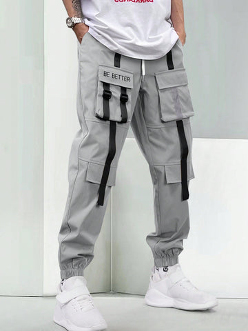 Loose Men's Cargo Pants With Slogan Print, Buckle Detail, Flap Pockets And Drawstring Waist