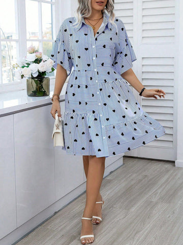 Plus Size Women's Heart Striped Printed Drop Shoulder Loose Dress With Ruffled Sleeves For Summer