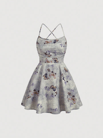 Women's Summer Butterfly Printed Pleated Back Cross Strap Maxi Dress