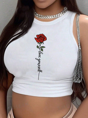 Summer Casual Rose Flower & Letter Print Cropped Tight Tank Top