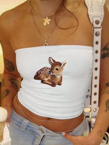 Women's Summer Crop Top With Deer Print And Strapless Design For Casual Wear