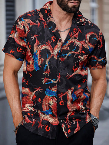 Men'S Short Sleeve Shirt With Chinese Dragon Print (Random Cutting Print)