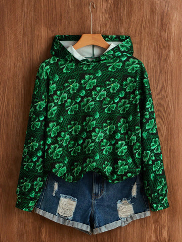 Casual Hooded Sweatshirt With Clover Pattern For Spring And Autumn