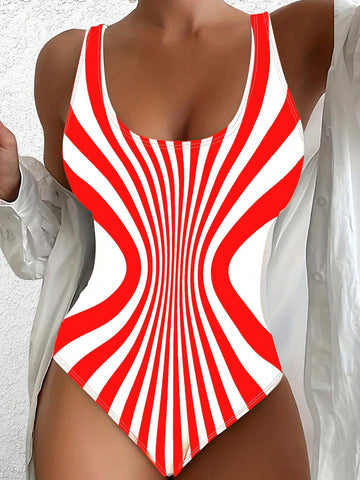 Women's Striped One-Piece Swimsuit, Simple Design, Sleeveless Vest Style For Beach Vacation