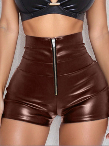 Women's High Waisted Zip Front Pu Leather Slim Fit Shorts