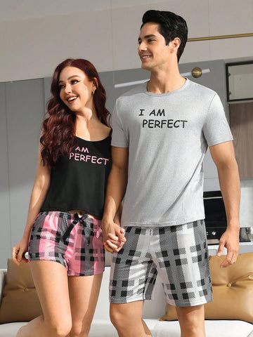 2pcs/Set Men's Home Suit With Letter Printed Sleepwear And Plaid Pajamas