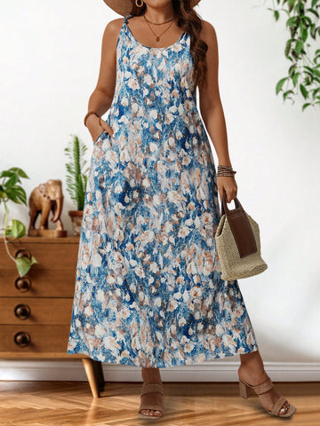 Plus Size Women's Blue Abstract Print Sleeveless Maxi Dress For Summer