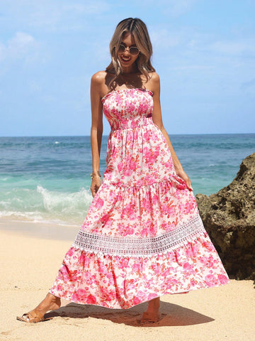 Women's Summer Vacation Floral Print & Lace Paneling Long Bandeau Dress With High-Low Hem