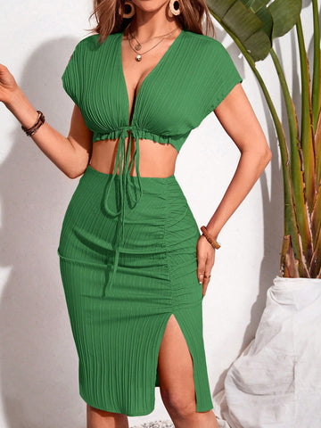 Summer Casual Knit Tie Hem Cropped Top And Slit Skirt Set