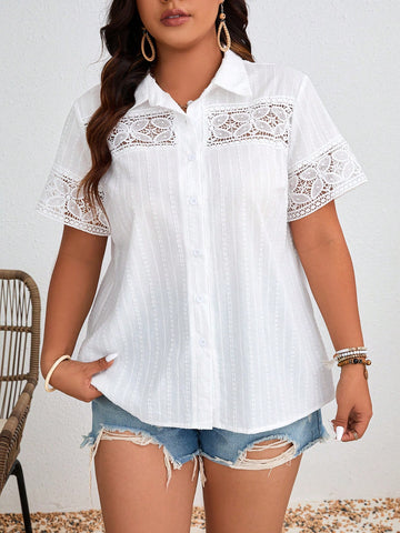 Plus Size Embossed Jacquard & Lace Patchwork White Shirt For Spring And Summer